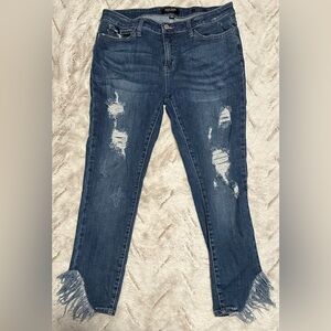 Judy Blue Distressed Skinny Jeans with Frayed Hem - Dark Blue Wash